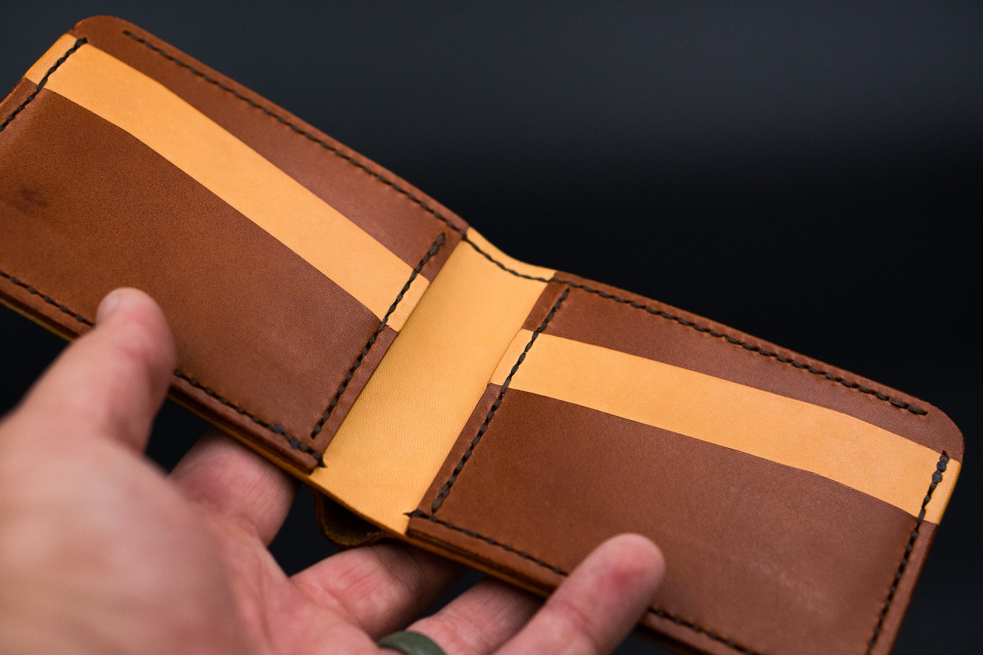 Chestnut brown and natural leather bifold wallet